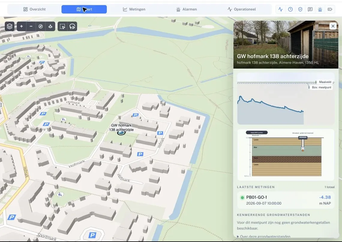 Kaart met driedimensionale weergave en meetpuntpopover